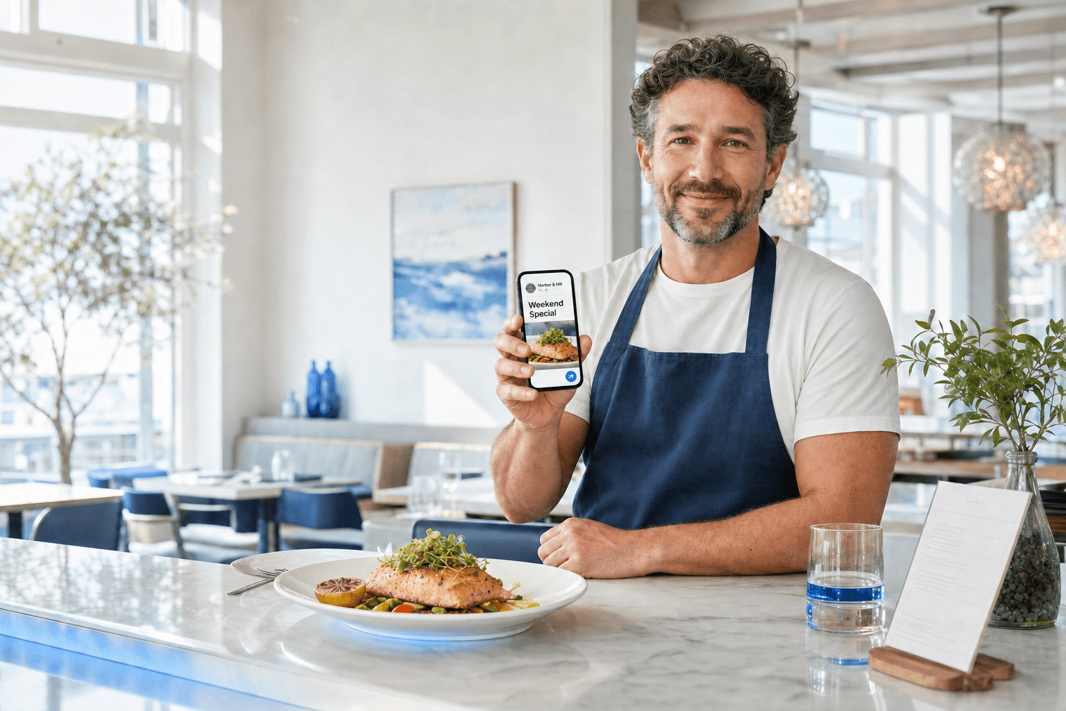 A restaurant owner sharing a weekend special from his phone