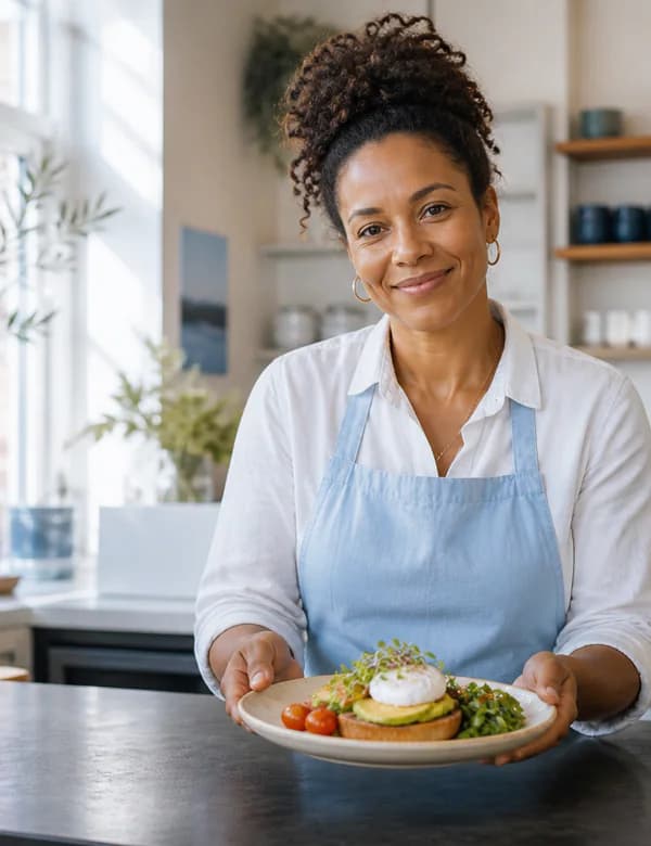 A restaurant owner presenting her weekend brunch special