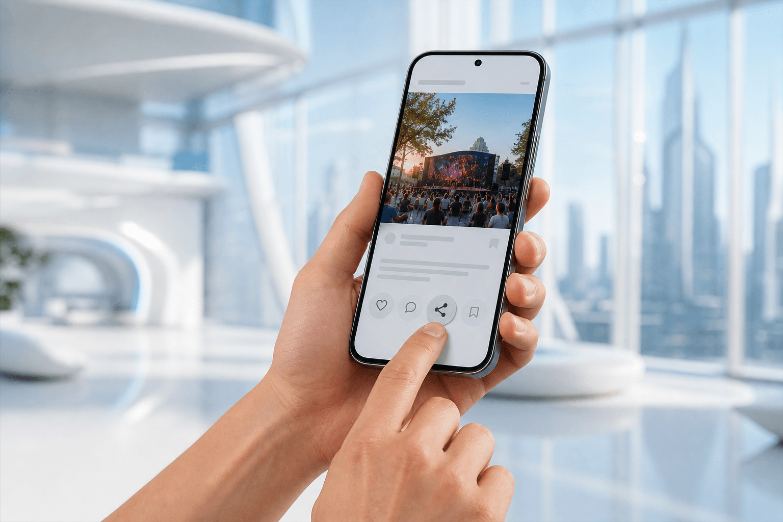 A person tapping a generic share button on a phone displaying a public event post