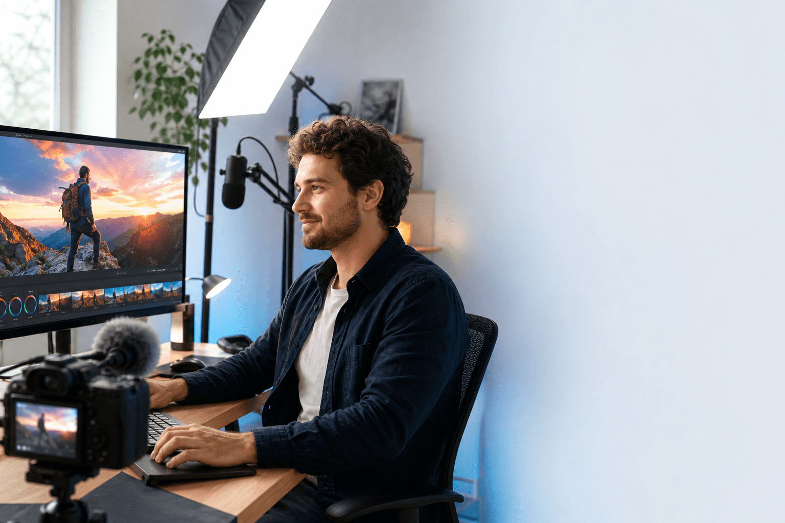 A video creator finishing a new video in his studio