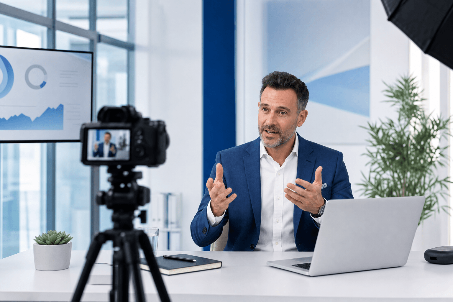 A professional presenter recording a polished webinar